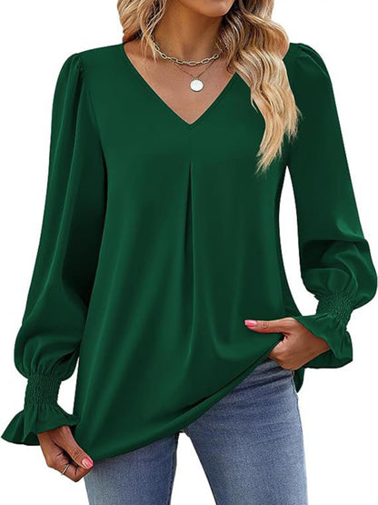 women solid color chiffon V-neck pullover flared long-sleeved tops shirt