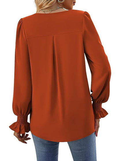 women solid color chiffon V-neck pullover flared long-sleeved tops shirt