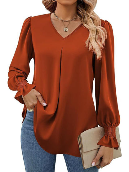 women solid color chiffon V-neck pullover flared long-sleeved tops shirt