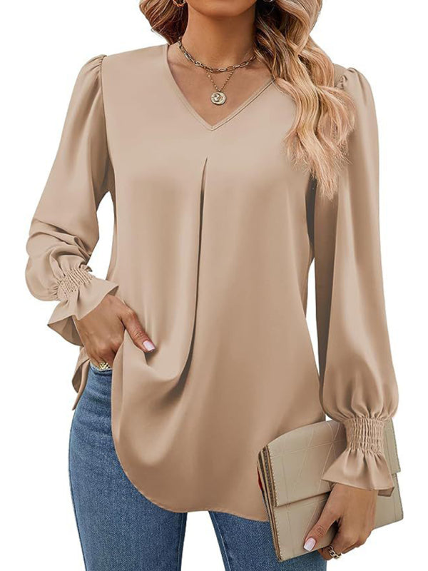 women solid color chiffon V-neck pullover flared long-sleeved tops shirt