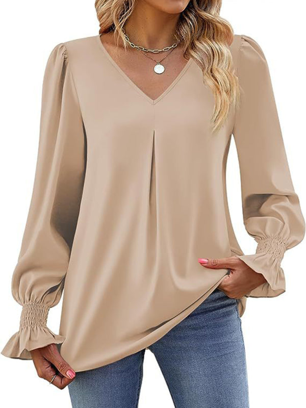 women solid color chiffon V-neck pullover flared long-sleeved tops shirt