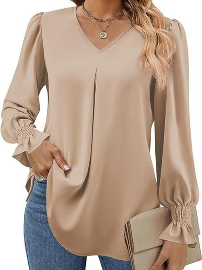 women solid color chiffon V-neck pullover flared long-sleeved tops shirt