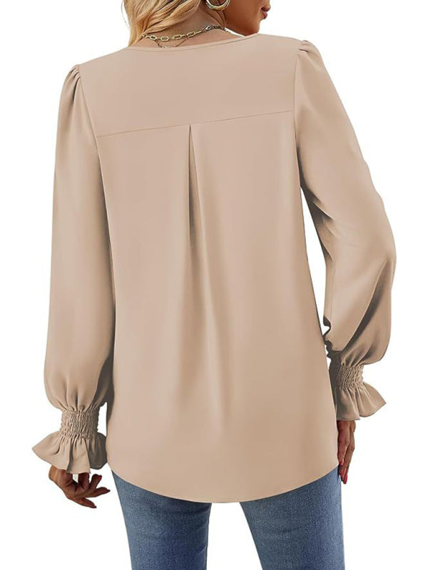 women solid color chiffon V-neck pullover flared long-sleeved tops shirt