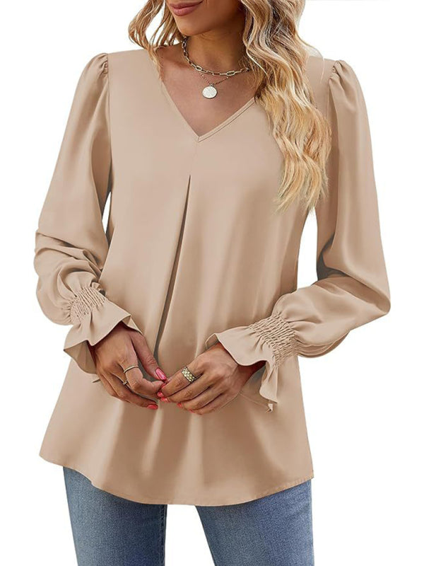 women solid color chiffon V-neck pullover flared long-sleeved tops shirt