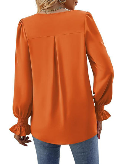 women solid color chiffon V-neck pullover flared long-sleeved tops shirt