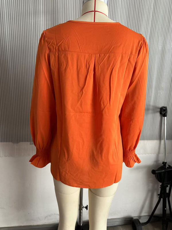 women solid color chiffon V-neck pullover flared long-sleeved tops shirt