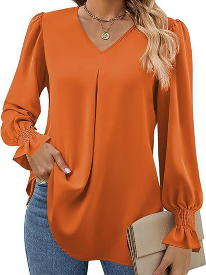 women solid color chiffon V-neck pullover flared long-sleeved tops shirt