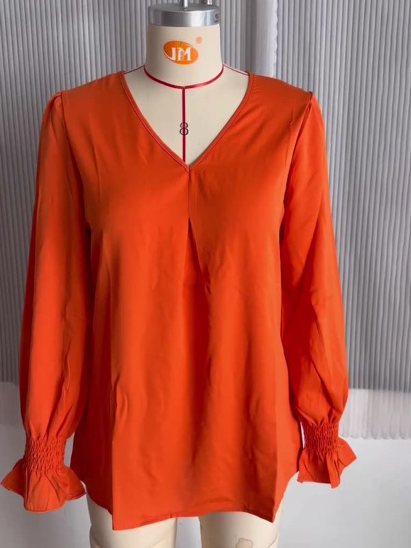 women solid color chiffon V-neck pullover flared long-sleeved tops shirt