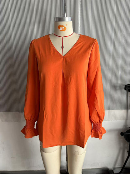 women solid color chiffon V-neck pullover flared long-sleeved tops shirt