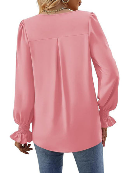 women solid color chiffon V-neck pullover flared long-sleeved tops shirt