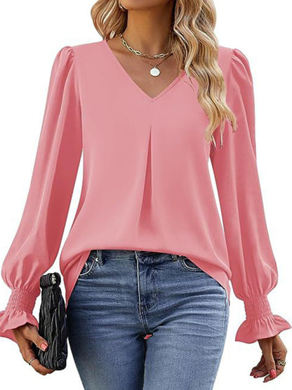 women solid color chiffon V-neck pullover flared long-sleeved tops shirt