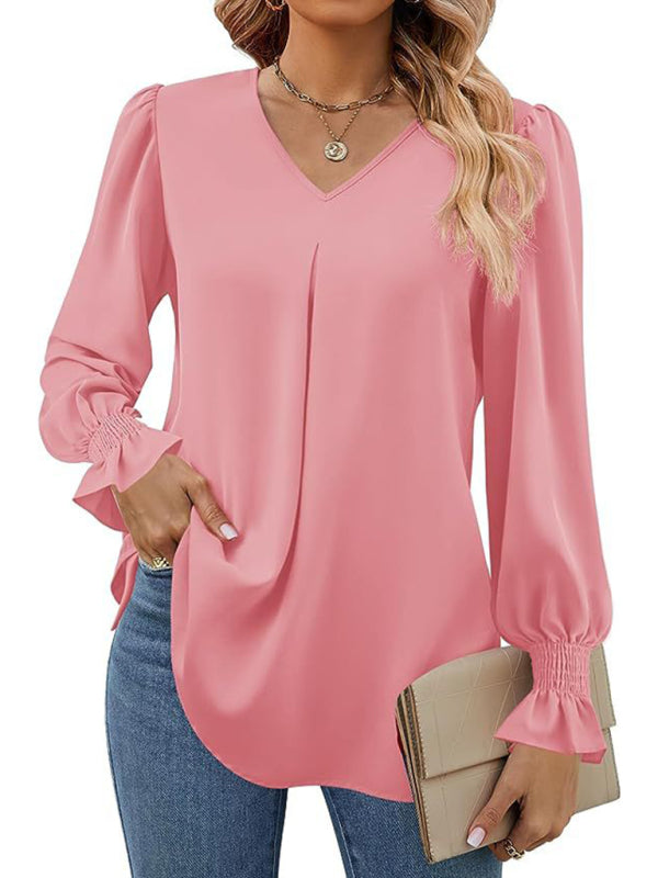 women solid color chiffon V-neck pullover flared long-sleeved tops shirt