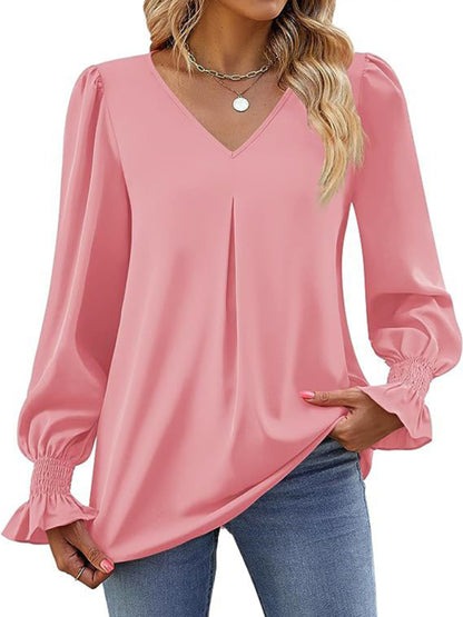 women solid color chiffon V-neck pullover flared long-sleeved tops shirt