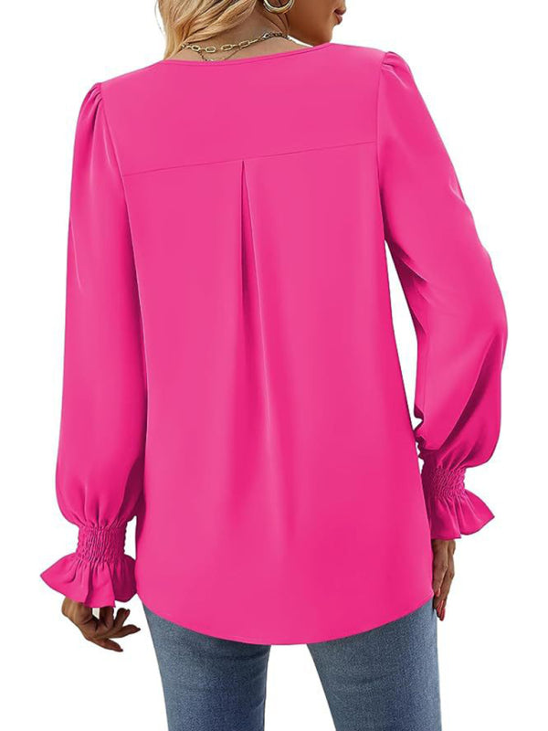 women solid color chiffon V-neck pullover flared long-sleeved tops shirt