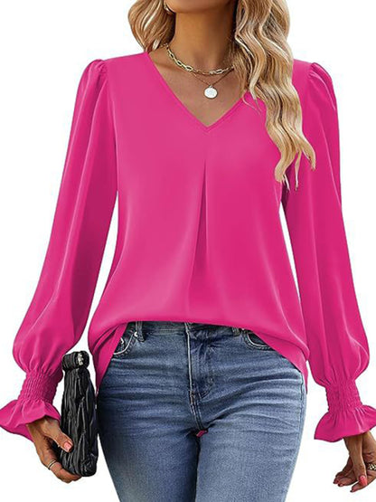 women solid color chiffon V-neck pullover flared long-sleeved tops shirt