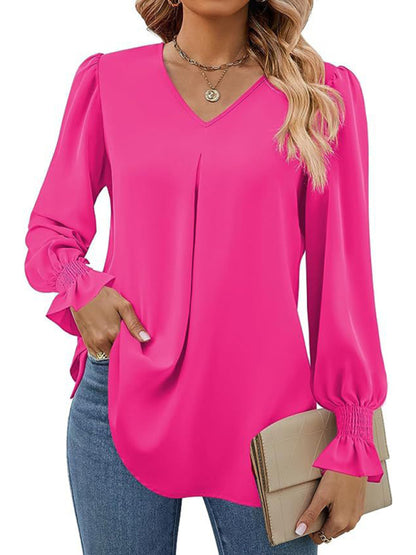 women solid color chiffon V-neck pullover flared long-sleeved tops shirt