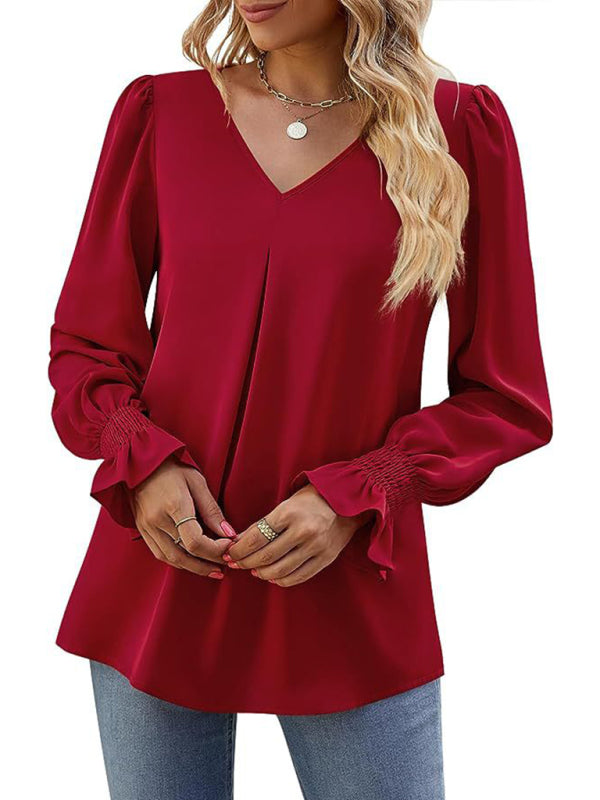 women solid color chiffon V-neck pullover flared long-sleeved tops shirt