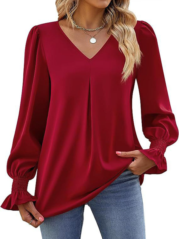 women solid color chiffon V-neck pullover flared long-sleeved tops shirt