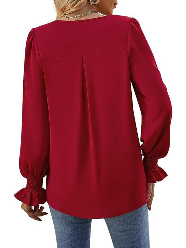 women solid color chiffon V-neck pullover flared long-sleeved tops shirt