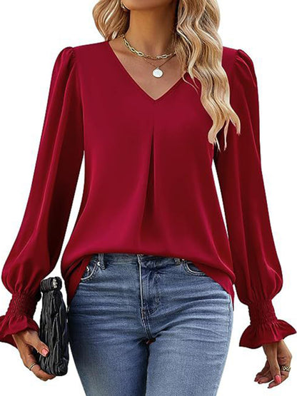 women solid color chiffon V-neck pullover flared long-sleeved tops shirt