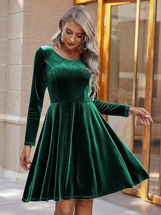 Women Christmas New Year long-sleeved round neck velvet party dress