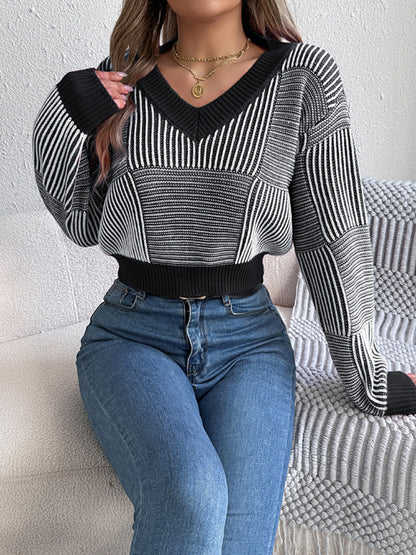 Women striped lantern sleeve pullover Cropped Tops sweater