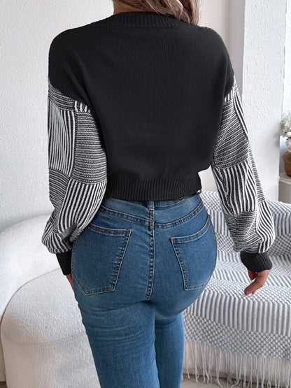 Women striped lantern sleeve pullover Cropped Tops sweater