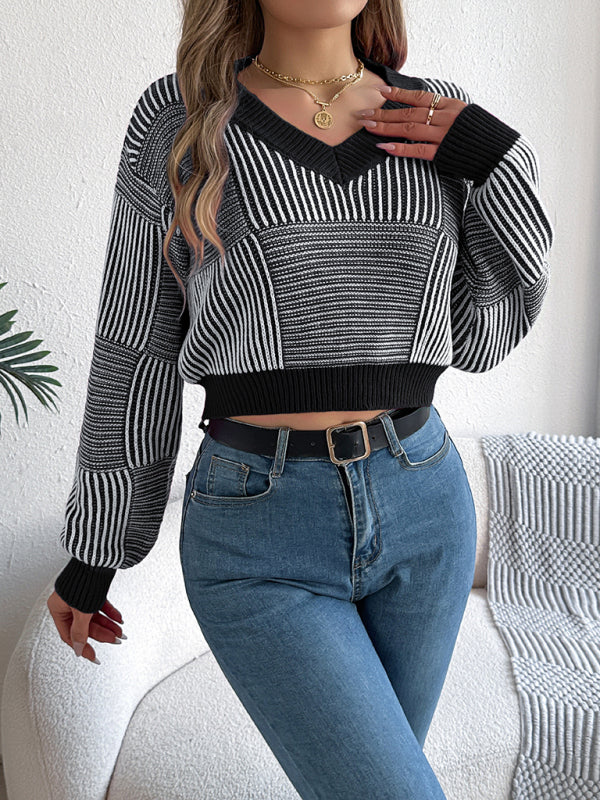 Women striped lantern sleeve pullover Cropped Tops sweater