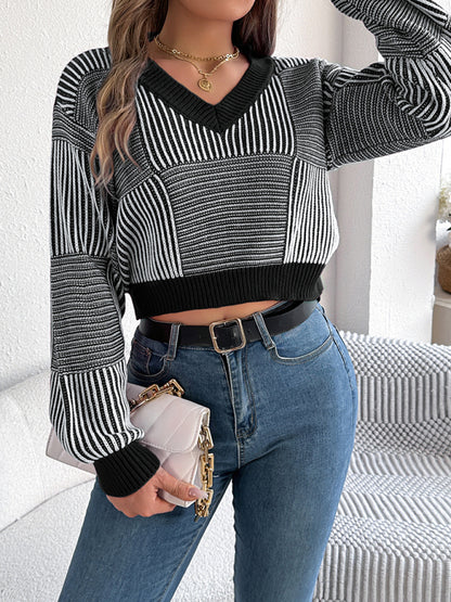 Women striped lantern sleeve pullover Cropped Tops sweater