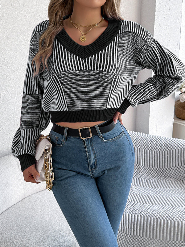 Women striped lantern sleeve pullover Cropped Tops sweater