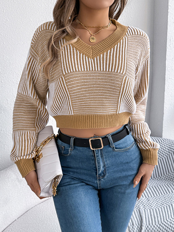 Women striped lantern sleeve pullover Cropped Tops sweater