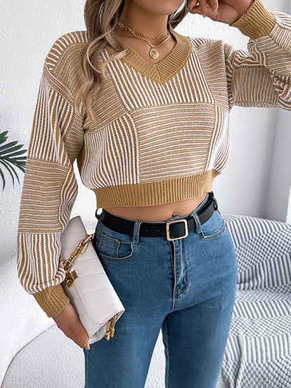 Women striped lantern sleeve pullover Cropped Tops sweater