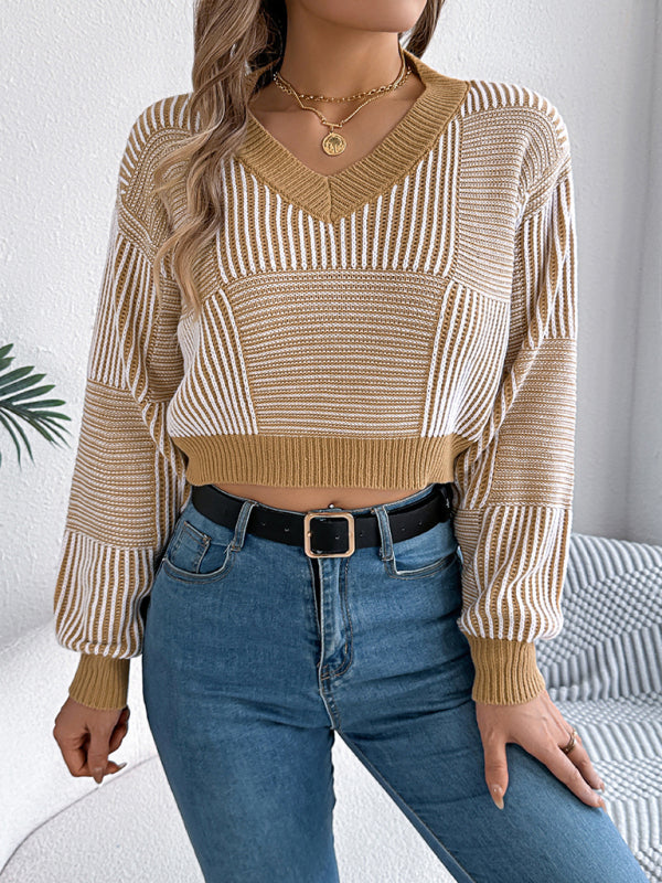 Women striped lantern sleeve pullover Cropped Tops sweater