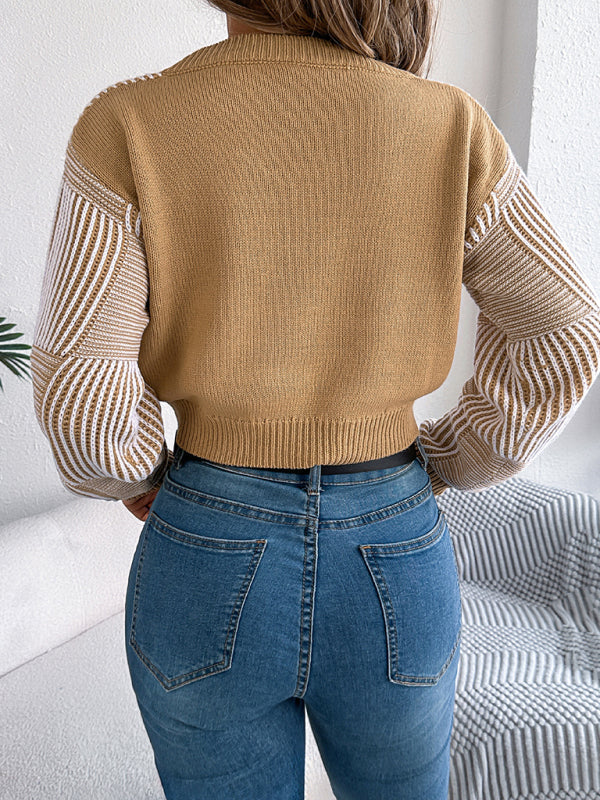 Women striped lantern sleeve pullover Cropped Tops sweater