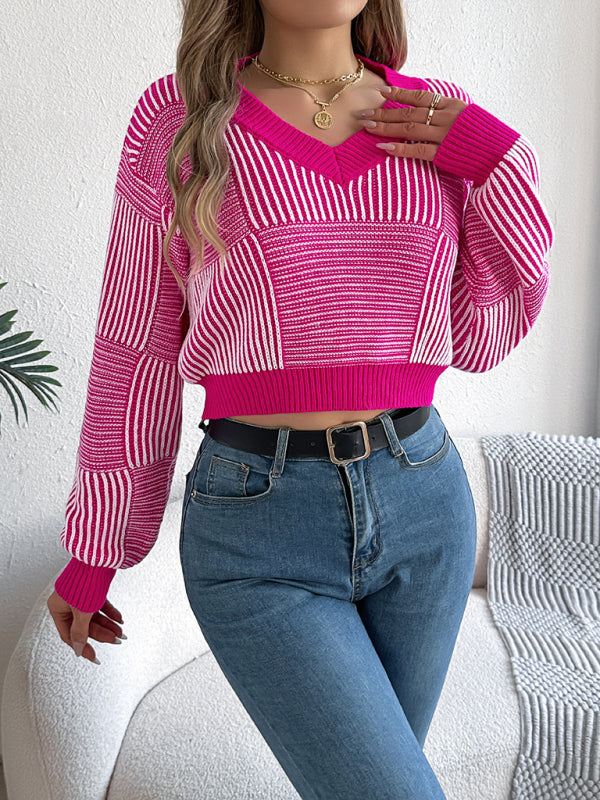 Women striped lantern sleeve pullover Cropped Tops sweater