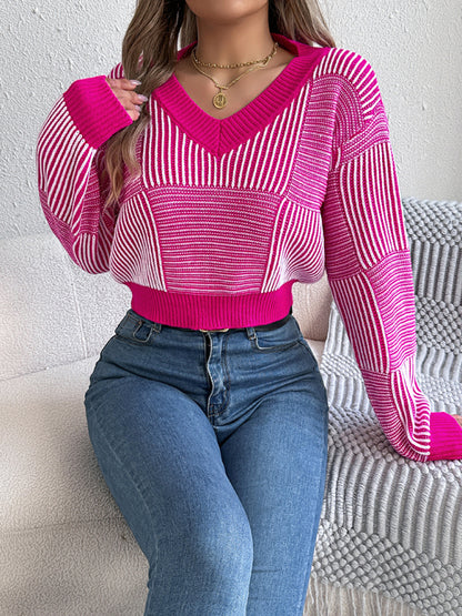 Women striped lantern sleeve pullover Cropped Tops sweater