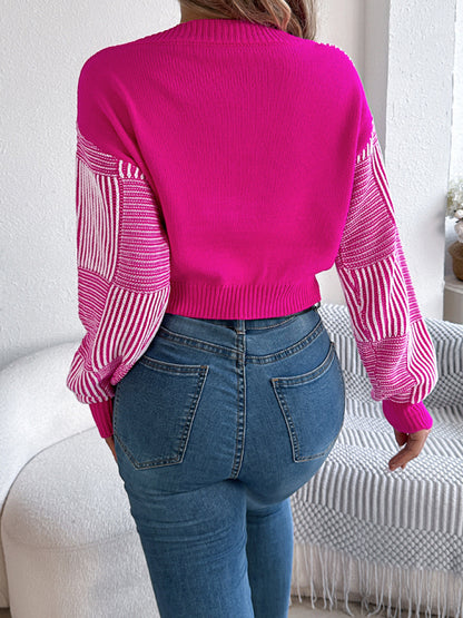 Women striped lantern sleeve pullover Cropped Tops sweater