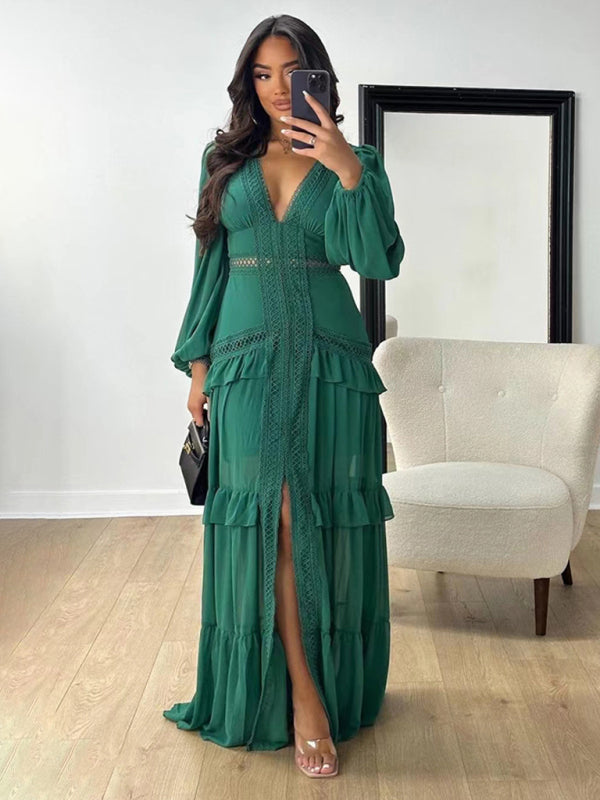 Elegant patchwork long sleeve V-neck Maxi Long Party dress