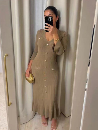 Women fashion slim Pencil fit knitted long-sleeved dress