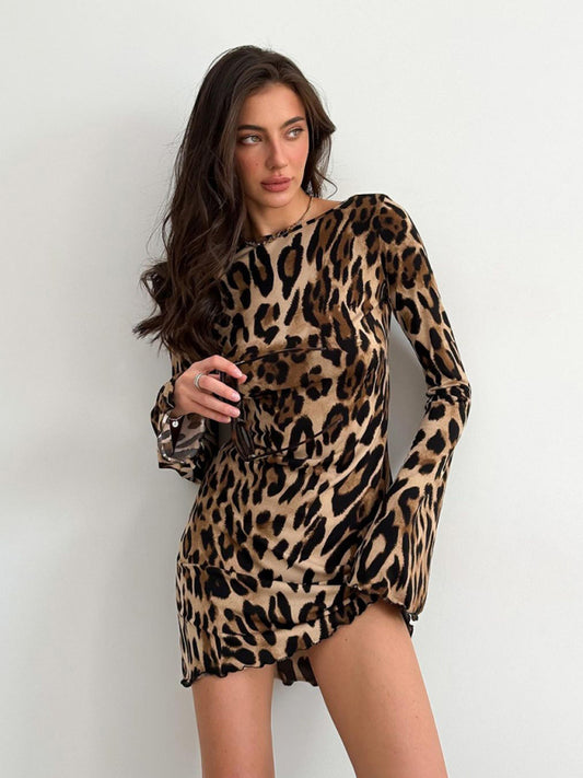 Women high waist round neck long sleeve leopard print party dress