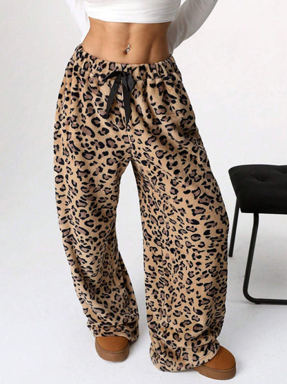 Women Fashion Leopard Print Lace-Up Wide-Leg Pants