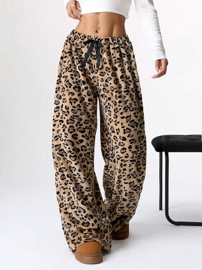 Women Fashion Leopard Print Lace-Up Wide-Leg Pants