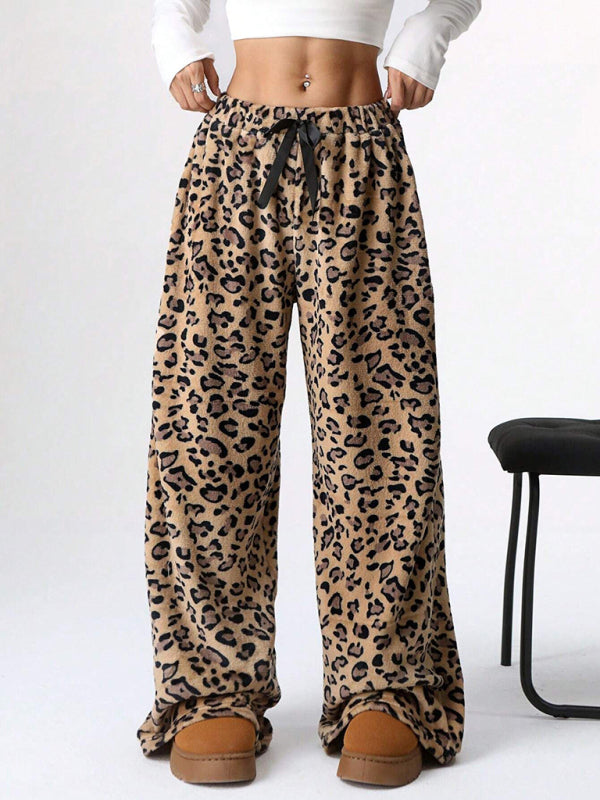 Women Fashion Leopard Print Lace-Up Wide-Leg Pants