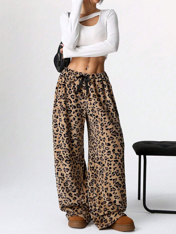 Women Fashion Leopard Print Lace-Up Wide-Leg Pants