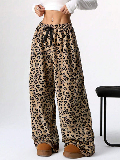 Women Fashion Leopard Print Lace-Up Wide-Leg Pants