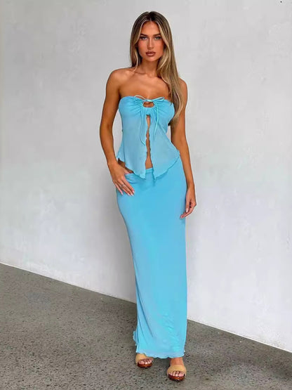 Strapless mesh sexy navel-baring vest hip-wrapped long skirt tops two-piece sets