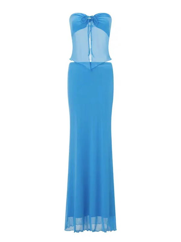 Strapless mesh sexy navel-baring vest hip-wrapped long skirt tops two-piece sets