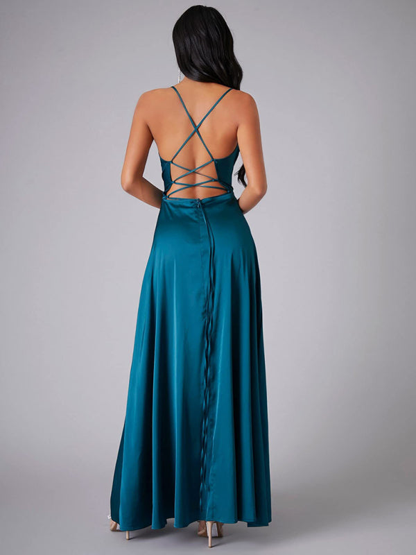 Women fashion slim fit backless suspenders waist party long dress