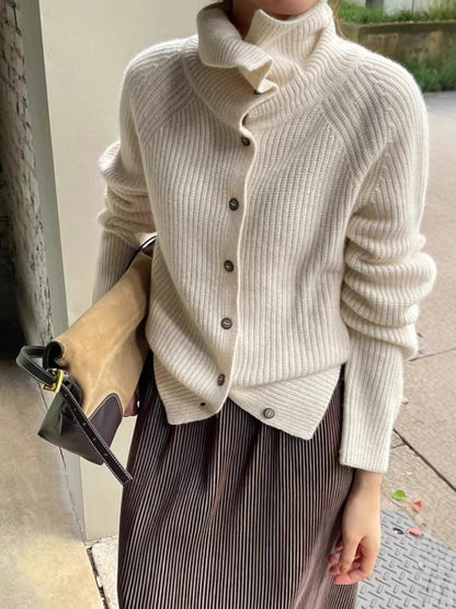 Women Fashion Knitted Sweater Turtleneck Single Breasted Loose Long Sleeve Cardigan