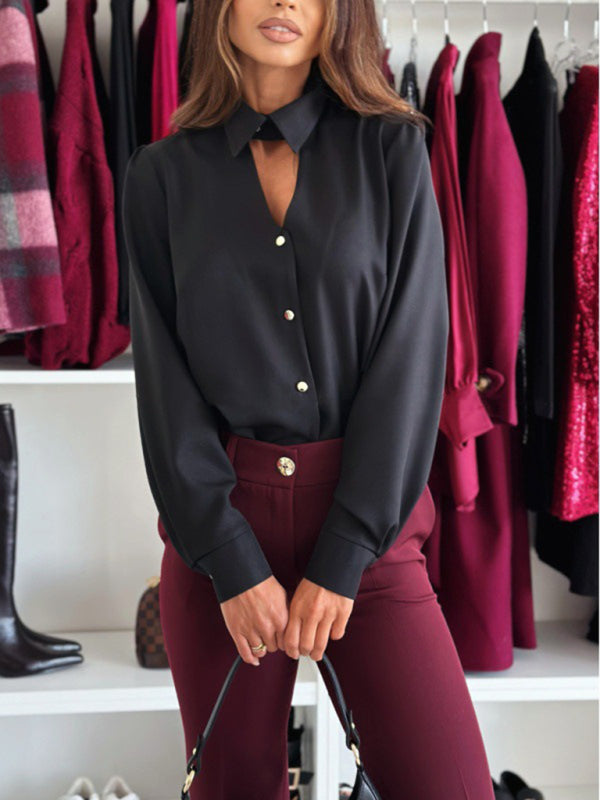 Women Long Sleeve Lapel Cutout Front Shirt Tops